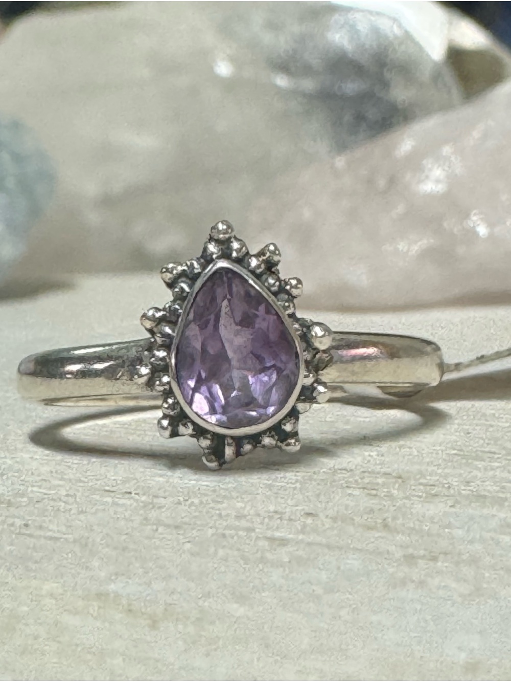 Amethyst Sterling Silver Teardrop Ring - Size 9.5 - 9.75